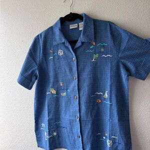 Koret of San Francisco Embroidered Blue Button Up Shirt Size S Coastal